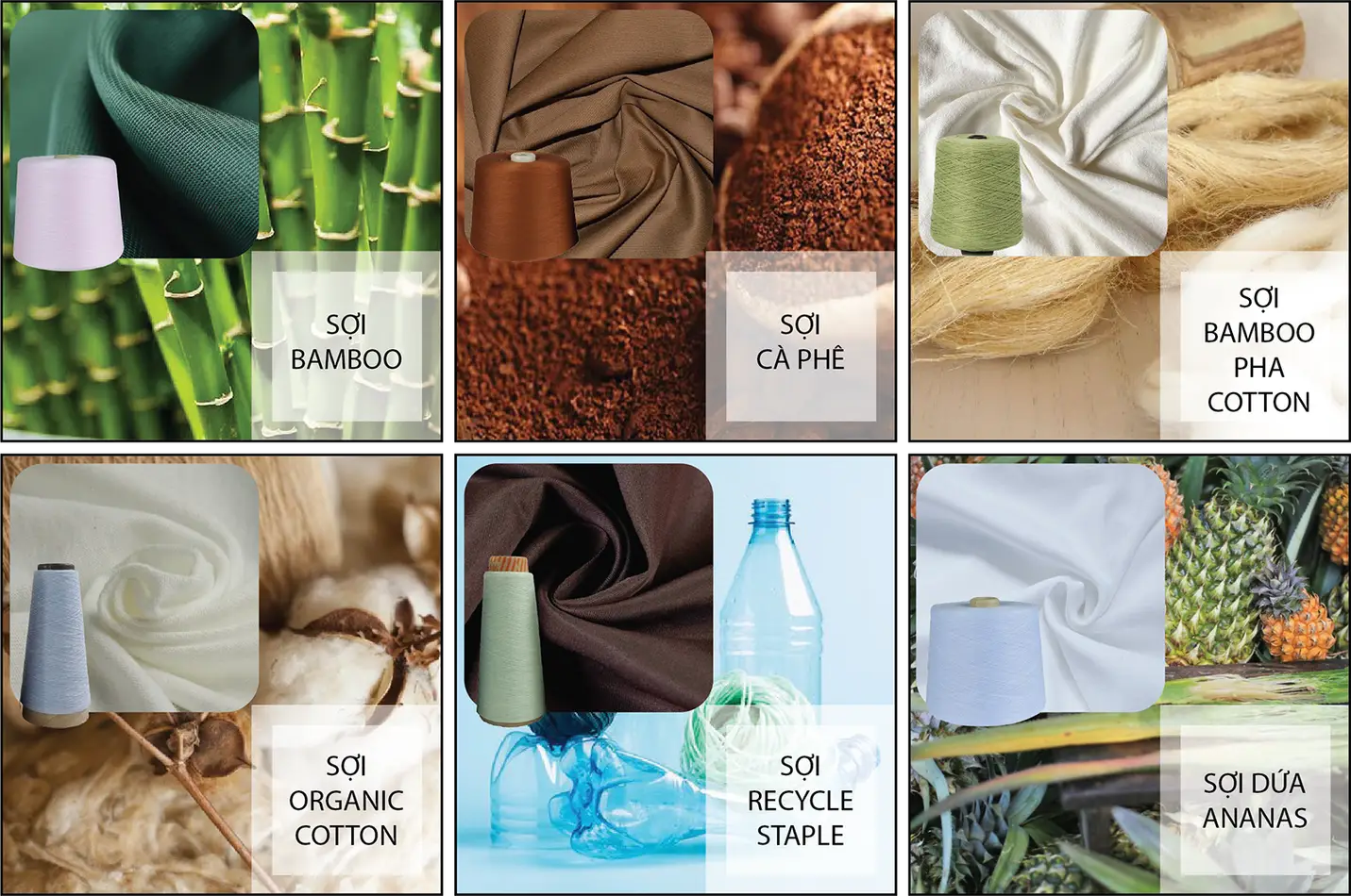 Các loại sợi bamboo, cà phê, cotton hữu cơ và sợi tái chế